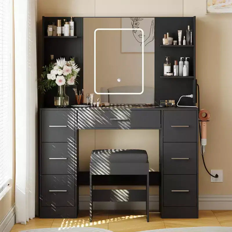GustoWave Vanity Desk with Mirror, Led Lights, Power Outlet and Stool, Makeup Vanity Table with 7 Drawers, Dressing Table