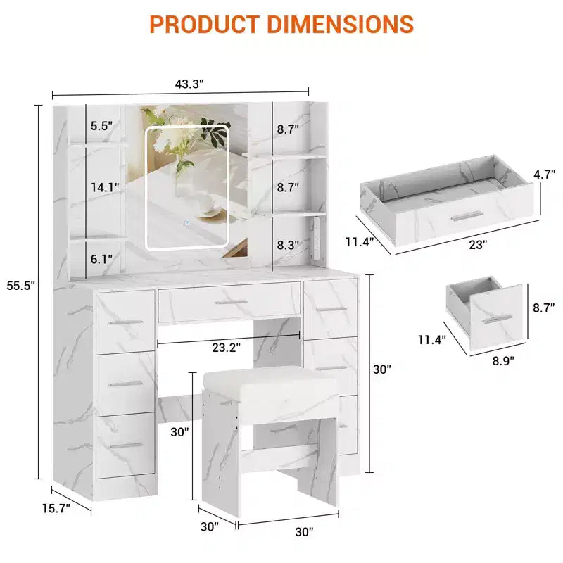 GustoWave Vanity Desk with Mirror, Led Lights, Power Outlet and Stool, Makeup Vanity Table with 7 Drawers, Dressing Table