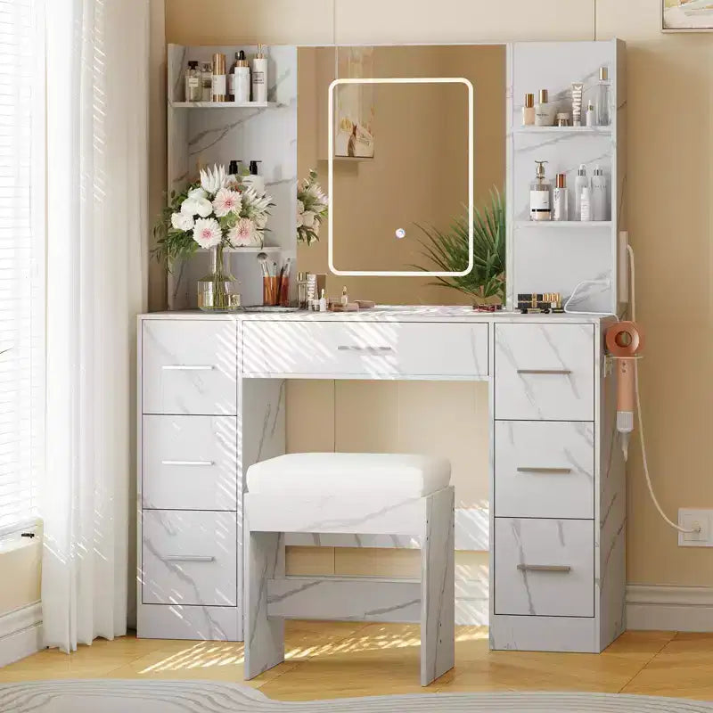 GustoWave Vanity Desk with Mirror, Led Lights, Power Outlet and Stool, Makeup Vanity Table with 7 Drawers, Dressing Table