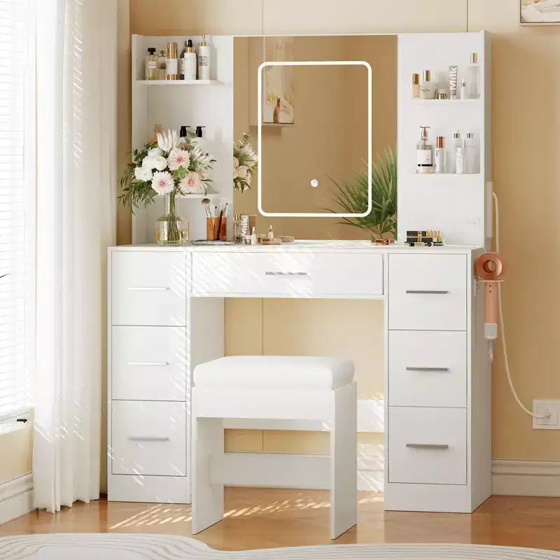 GustoWave Vanity Desk with Mirror, Led Lights, Power Outlet and Stool, Makeup Vanity Table with 7 Drawers, Dressing Table