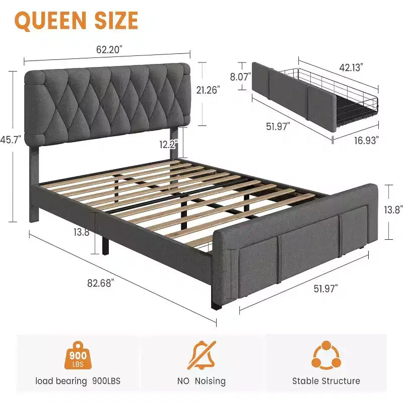 Full/Queen/King Size Upholstered Platform Bed Frame with 2 Storage Drawers, Solid Wood Slats, No Box Spring Needed, Noise-Free