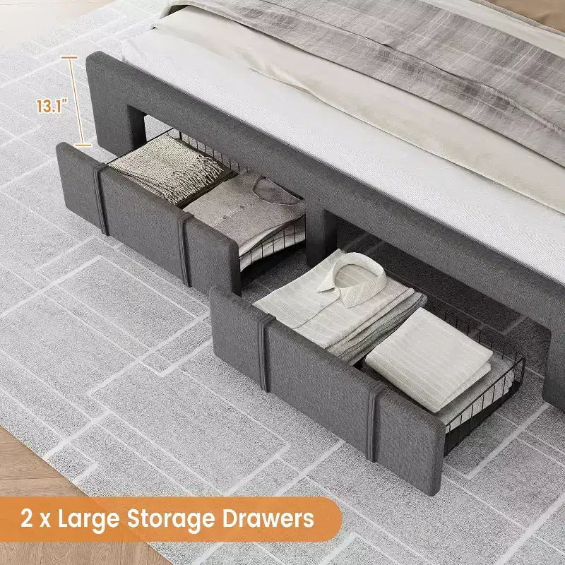 Full/Queen/King Size Upholstered Platform Bed Frame with 2 Storage Drawers, Solid Wood Slats, No Box Spring Needed, Noise-Free