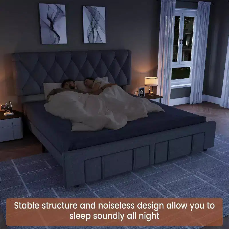 Full/Queen/King Size Upholstered Platform Bed Frame with 2 Storage Drawers, Solid Wood Slats, No Box Spring Needed, Noise-Free
