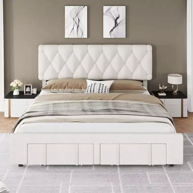 Full/Queen/King Size Upholstered Platform Bed Frame with 2 Storage Drawers, Solid Wood Slats, No Box Spring Needed, Noise-Free