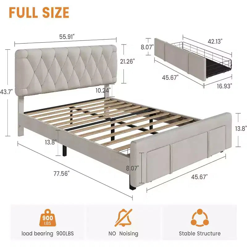 Full/Queen/King Size Upholstered Platform Bed Frame with 2 Storage Drawers, Solid Wood Slats, No Box Spring Needed, Noise-Free