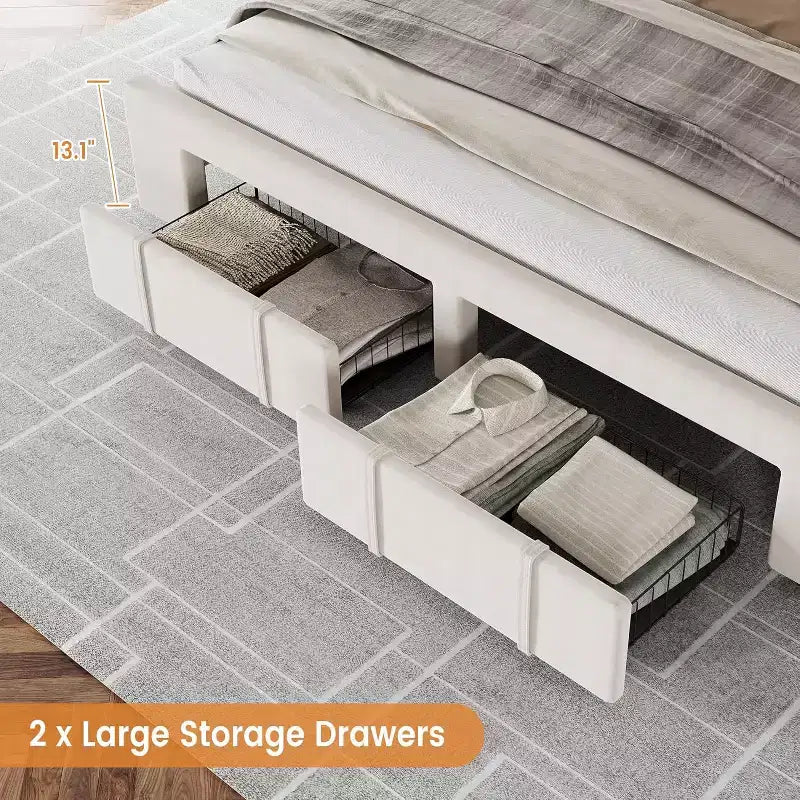 Full/Queen/King Size Upholstered Platform Bed Frame with 2 Storage Drawers, Solid Wood Slats, No Box Spring Needed, Noise-Free