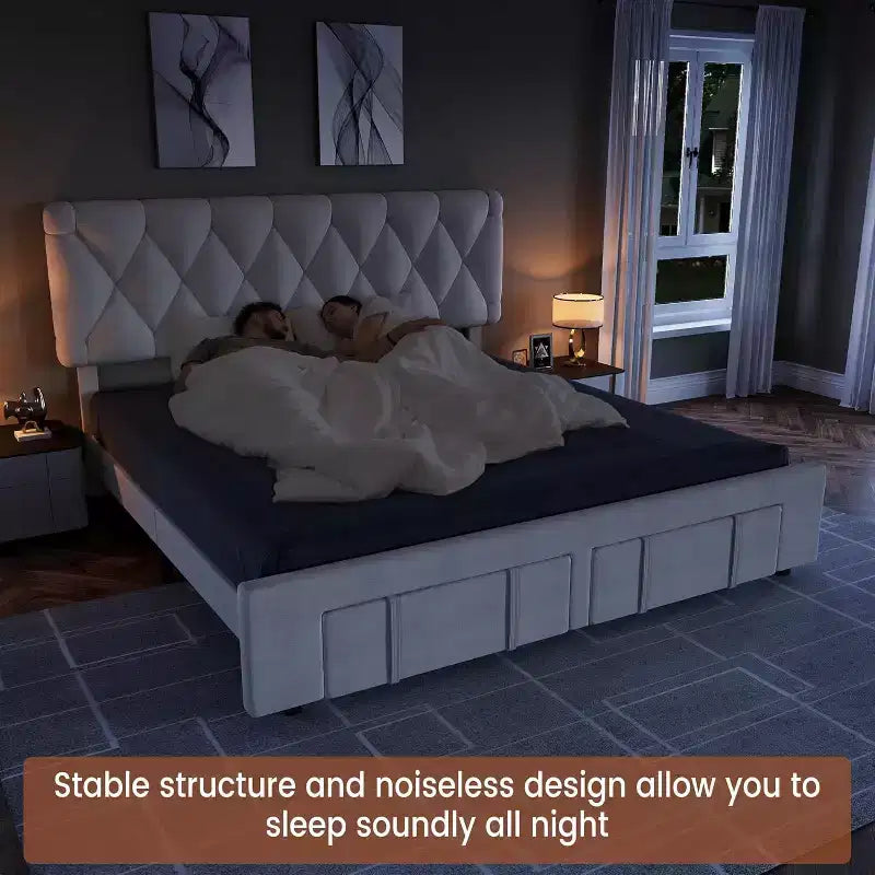 Full/Queen/King Size Upholstered Platform Bed Frame with 2 Storage Drawers, Solid Wood Slats, No Box Spring Needed, Noise-Free