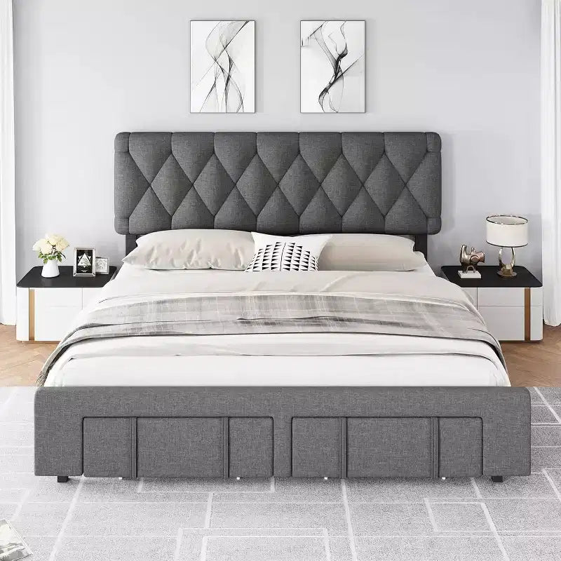 Full/Queen/King Size Upholstered Platform Bed Frame with 2 Storage Drawers, Solid Wood Slats, No Box Spring Needed, Noise-Free
