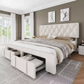Full/Queen/King Size Upholstered Platform Bed Frame with 2 Storage Drawers, Solid Wood Slats, No Box Spring Needed, Noise-Free