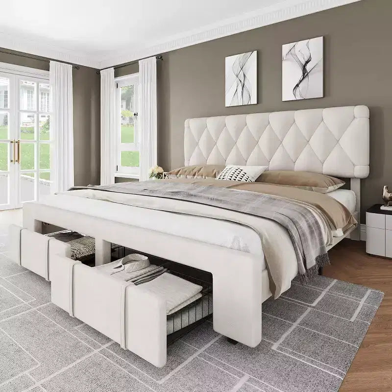 Full/Queen/King Size Upholstered Platform Bed Frame with 2 Storage Drawers, Solid Wood Slats, No Box Spring Needed, Noise-Free