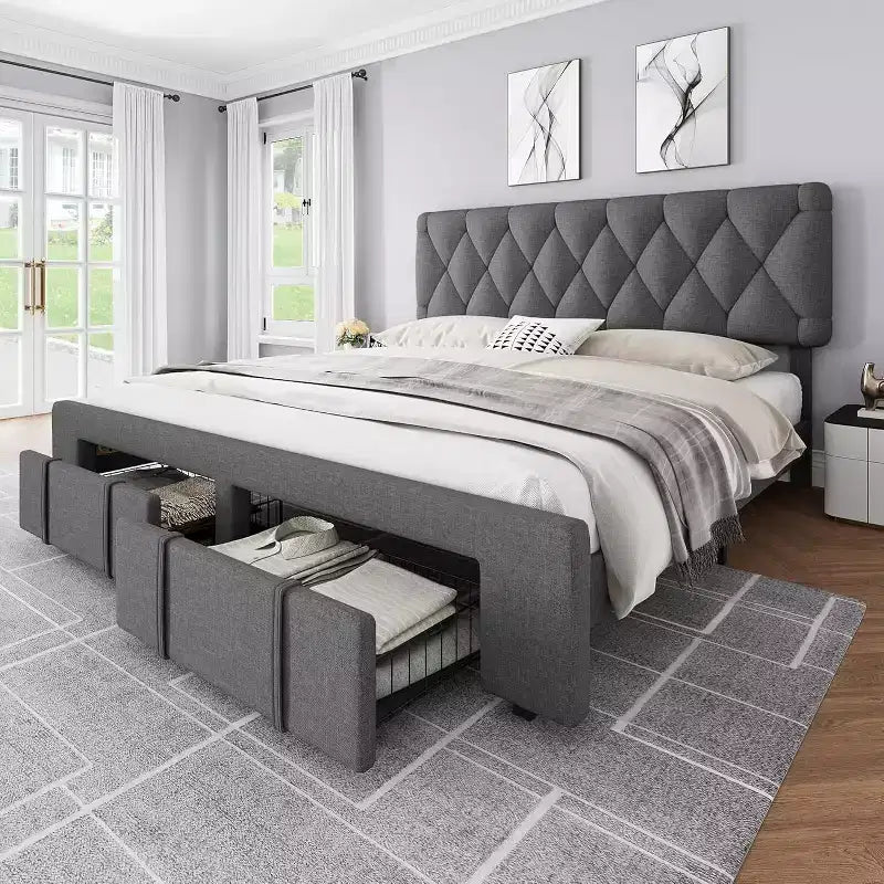 Full/Queen/King Size Upholstered Platform Bed Frame with 2 Storage Drawers, Solid Wood Slats, No Box Spring Needed, Noise-Free