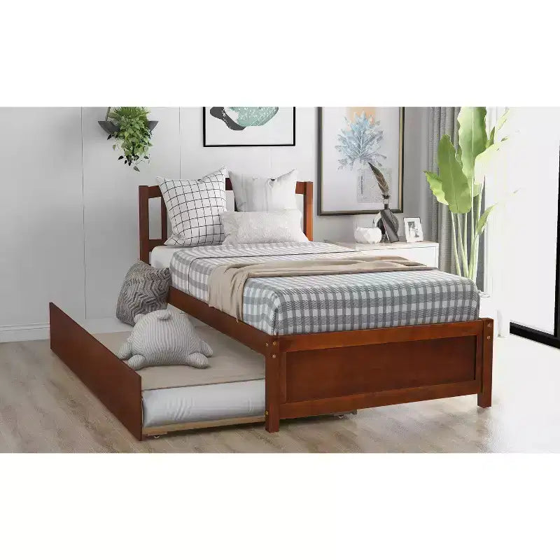 Twin size Platform Bed Wood Bed Frame with Trundle Espresso