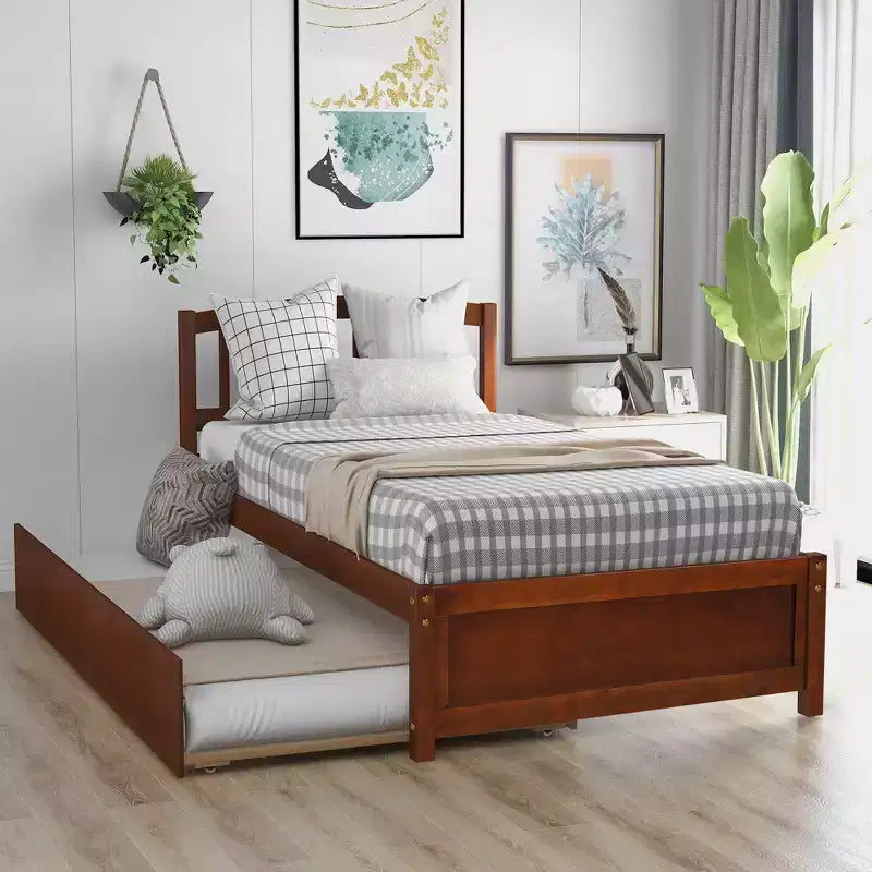 Twin size Platform Bed Wood Bed Frame with Trundle Espresso
