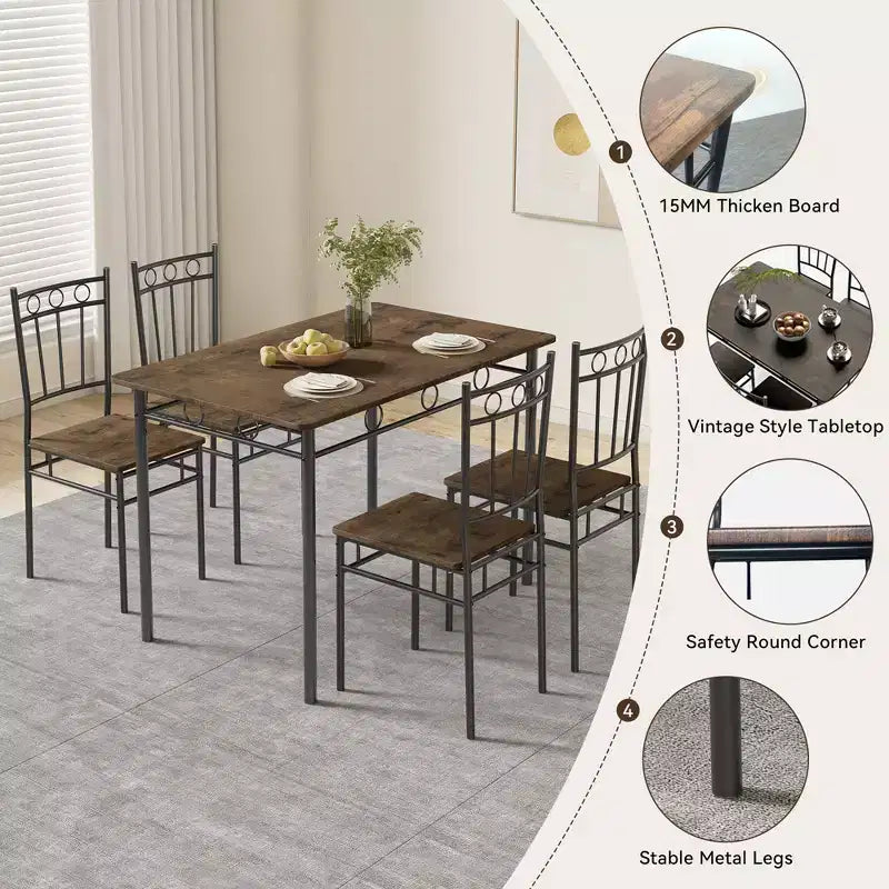 Dyonery Dining Table Set for 4, 5-Piece Rectangular Kitchen Table Chair Set for Small Space,Dinette,Apartment