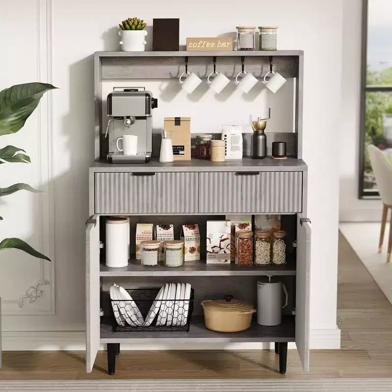 48'' Sideboard Buffet Cabinet, Fluted Coffee Bar Cabinet with 2 Drawers & Adjustable Shelves, Wooden Console Table, Kitchen Storage Cabinet