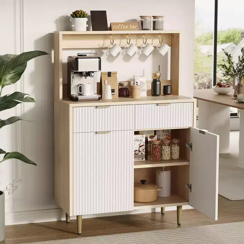 48'' Sideboard Buffet Cabinet, Fluted Coffee Bar Cabinet with 2 Drawers & Adjustable Shelves, Wooden Console Table, Kitchen Storage Cabinet