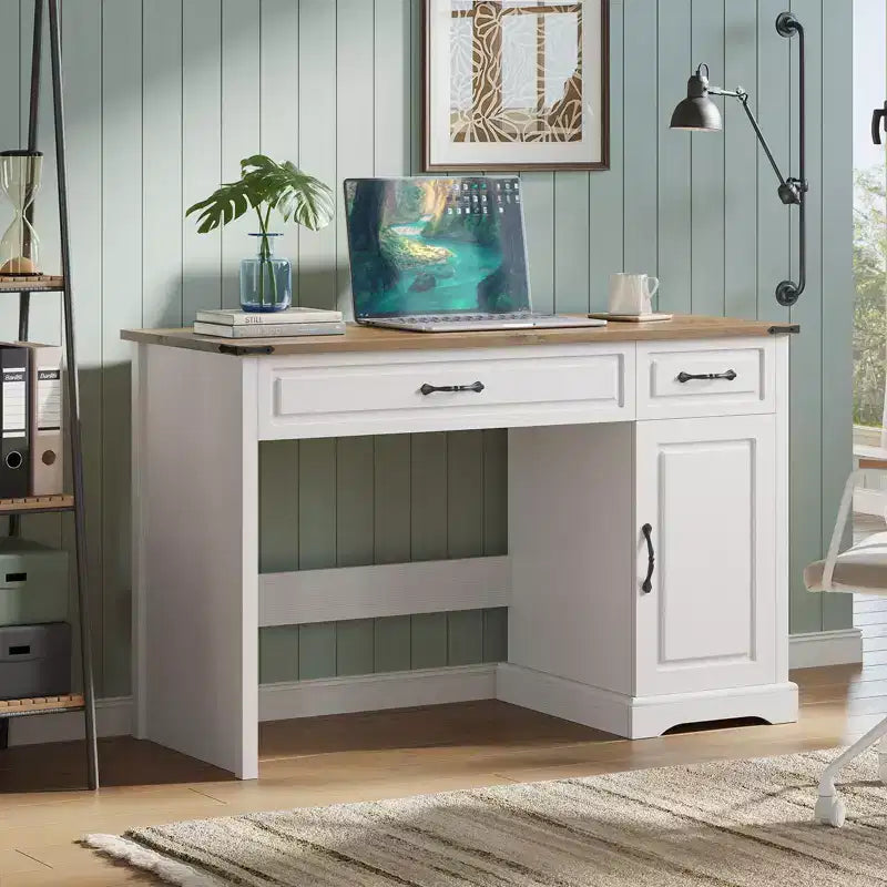 47 Farmhouse Executive Desk, Rustic Home Office Desk with Drawers and Storage Cabinet, Wood Computer Desks Writing Workstation Antique White