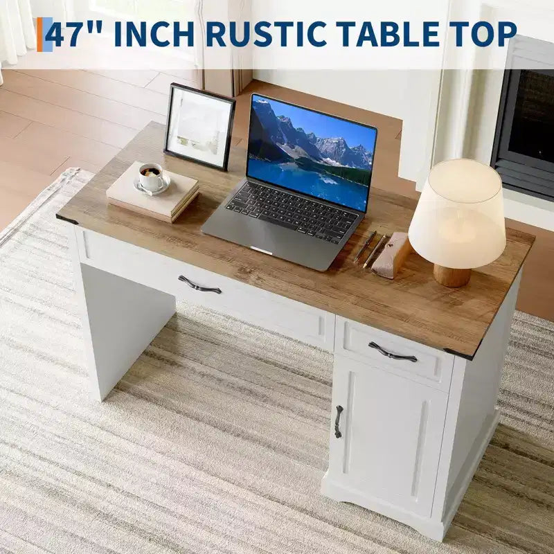 47 Farmhouse Executive Desk, Rustic Home Office Desk with Drawers and Storage Cabinet, Wood Computer Desks Writing Workstation Antique White