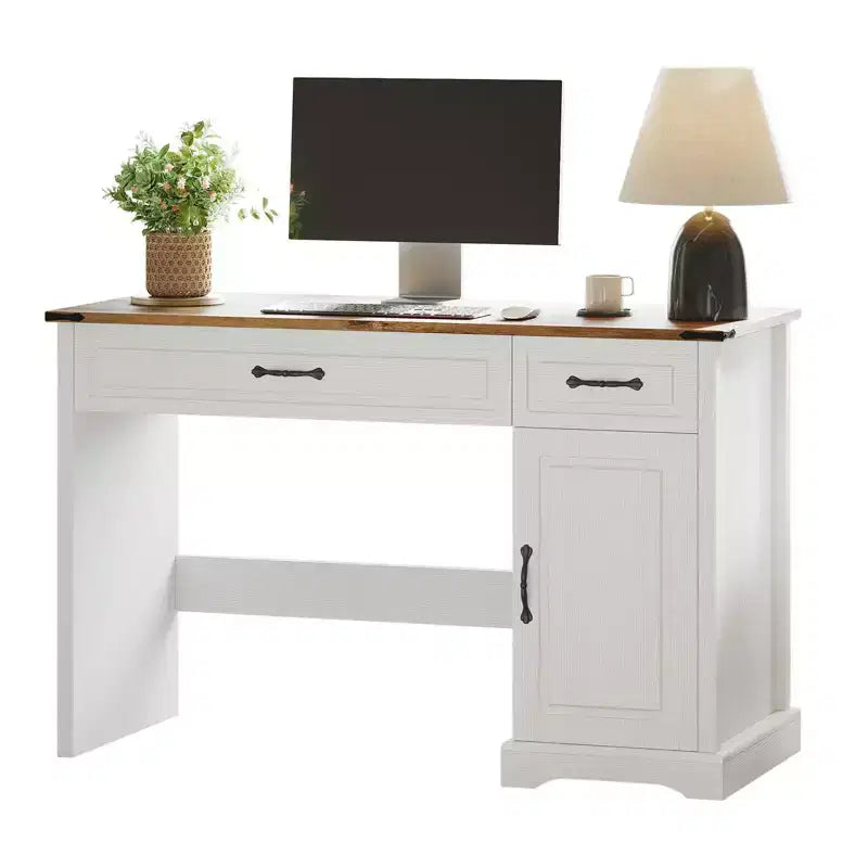 47 Farmhouse Executive Desk, Rustic Home Office Desk with Drawers and Storage Cabinet, Wood Computer Desks Writing Workstation Antique White