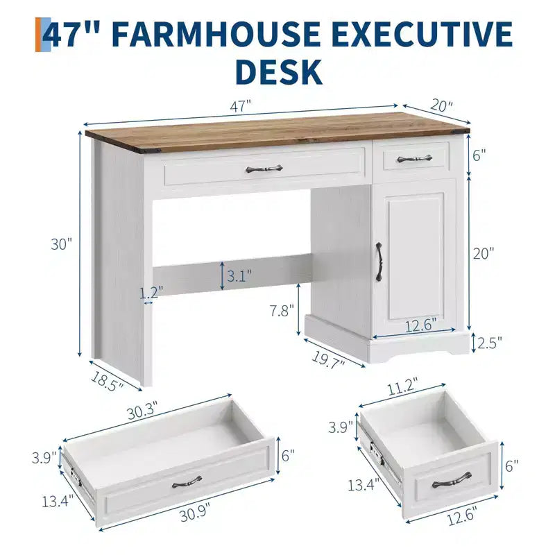 47 Farmhouse Executive Desk, Rustic Home Office Desk with Drawers and Storage Cabinet, Wood Computer Desks Writing Workstation Antique White