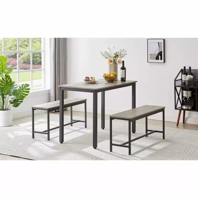 CuisinSmart 3 Piece Dining Table Set, Dining Room Table Set with Benches, Steel Frames, Industrial Bar Table Set, Dining Table Set, Grey
