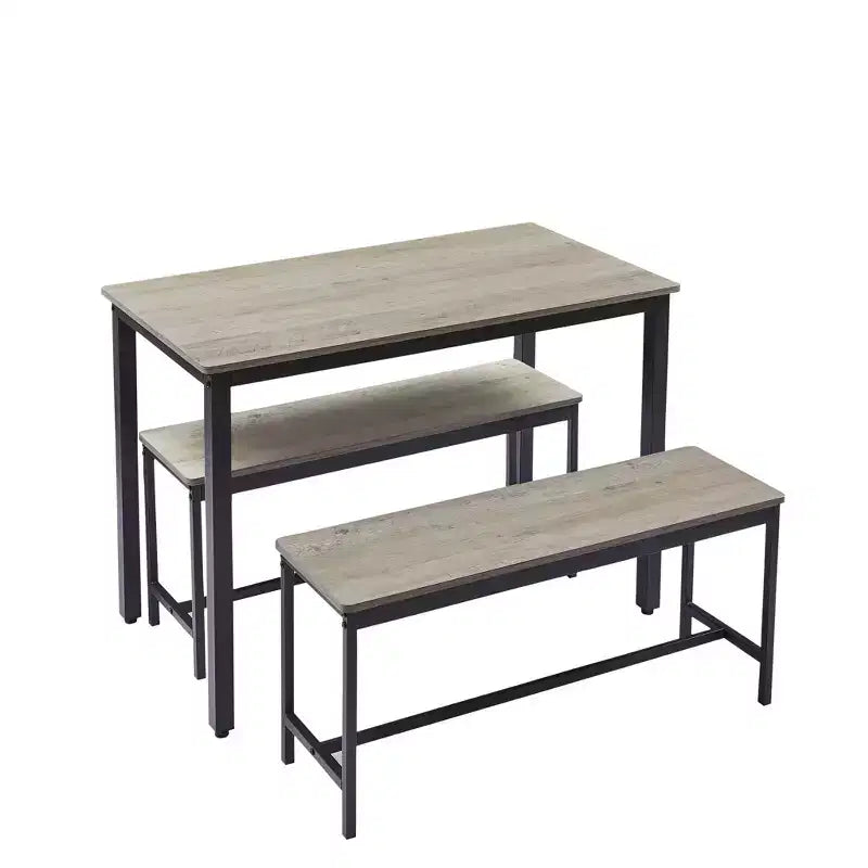 CuisinSmart 3 Piece Dining Table Set, Dining Room Table Set with Benches, Steel Frames, Industrial Bar Table Set, Dining Table Set, Grey