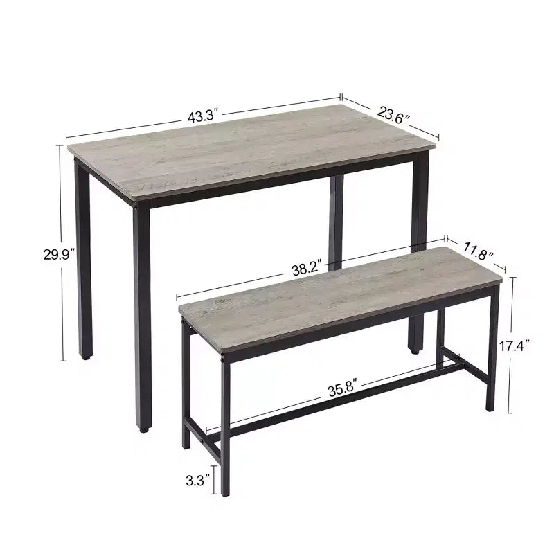 CuisinSmart 3 Piece Dining Table Set, Dining Room Table Set with Benches, Steel Frames, Industrial Bar Table Set, Dining Table Set, Grey