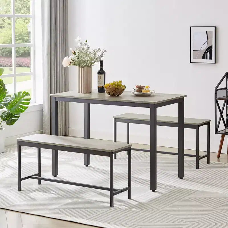 CuisinSmart 3 Piece Dining Table Set, Dining Room Table Set with Benches, Steel Frames, Industrial Bar Table Set, Dining Table Set, Grey
