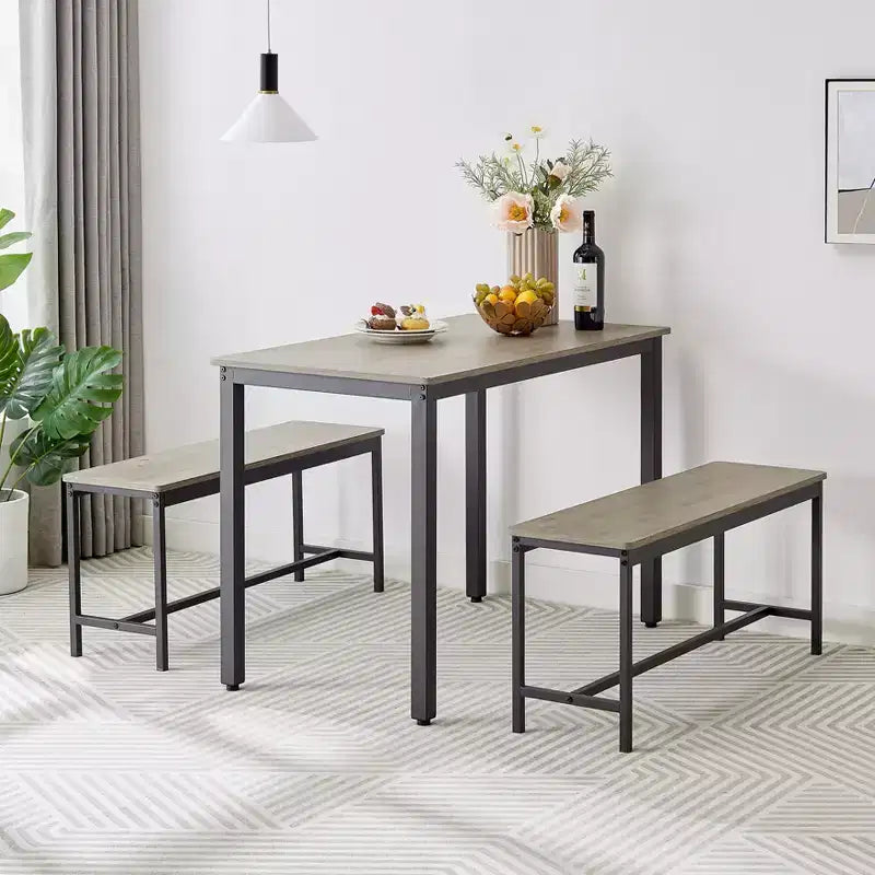 CuisinSmart 3 Piece Dining Table Set, Dining Room Table Set with Benches, Steel Frames, Industrial Bar Table Set, Dining Table Set, Grey