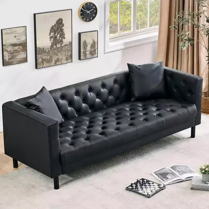 78 Chesterfield PU Leather Sofa, Handmade Button Tufted 3-Seater Couch with Deep Seat & 2 Pillows, Rolled Arms, for Living Room, Apartment