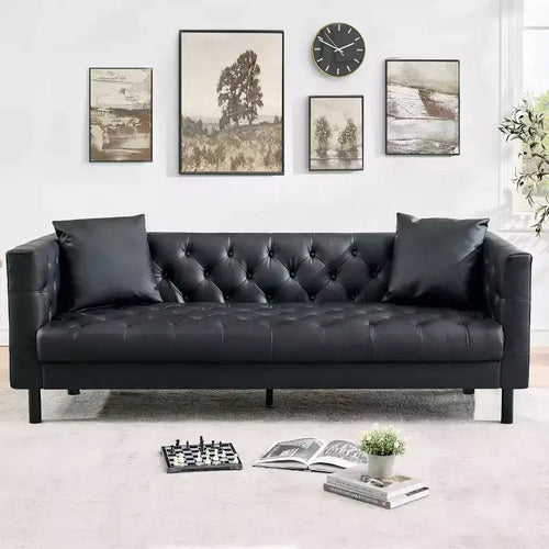 78 Chesterfield PU Leather Sofa, Handmade Button Tufted 3-Seater Couch with Deep Seat & 2 Pillows, Rolled Arms, for Living Room, Apartment