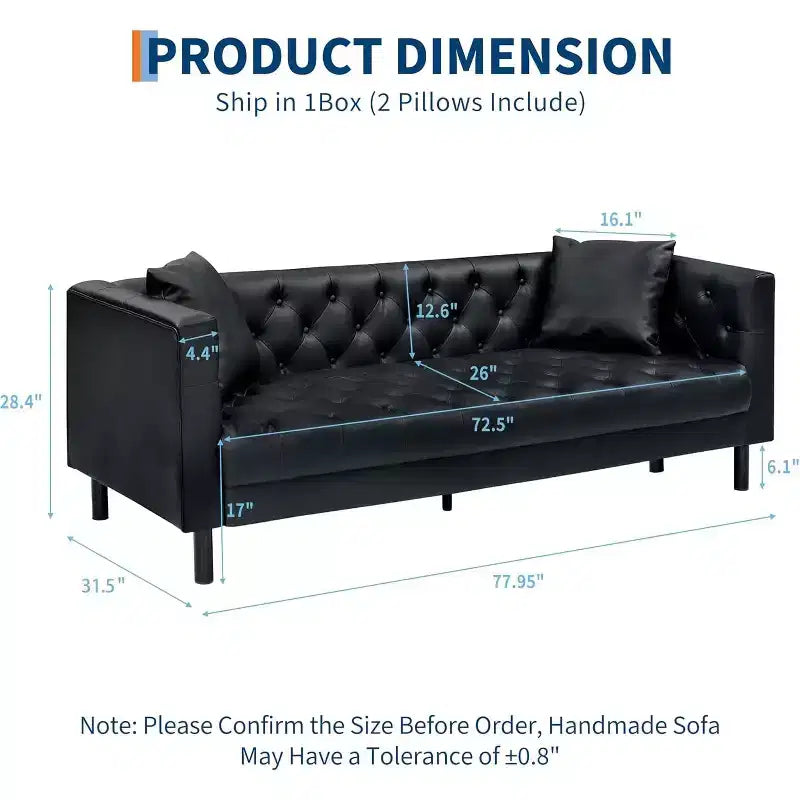 78 Chesterfield PU Leather Sofa, Handmade Button Tufted 3-Seater Couch with Deep Seat & 2 Pillows, Rolled Arms, for Living Room, Apartment