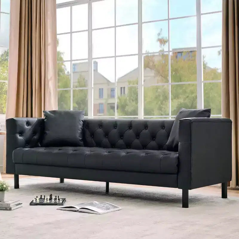 78 Chesterfield PU Leather Sofa, Handmade Button Tufted 3-Seater Couch with Deep Seat & 2 Pillows, Rolled Arms, for Living Room, Apartment