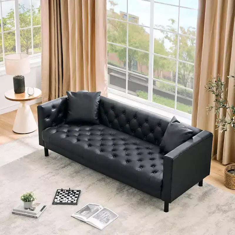 78 Chesterfield PU Leather Sofa, Handmade Button Tufted 3-Seater Couch with Deep Seat & 2 Pillows, Rolled Arms, for Living Room, Apartment