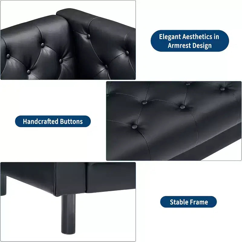 78 Chesterfield PU Leather Sofa, Handmade Button Tufted 3-Seater Couch with Deep Seat & 2 Pillows, Rolled Arms, for Living Room, Apartment