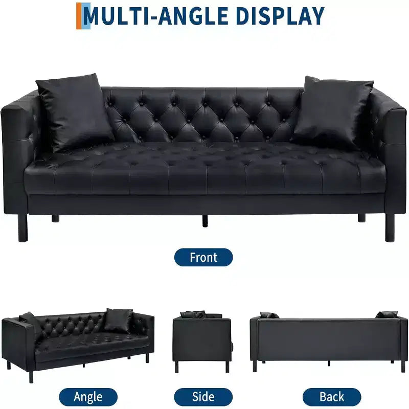 78 Chesterfield PU Leather Sofa, Handmade Button Tufted 3-Seater Couch with Deep Seat & 2 Pillows, Rolled Arms, for Living Room, Apartment