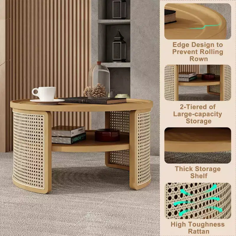 Okak 4-Pc Modular Rattan Coffee Table, Convertible Round/Square with Storage, Solid Wood & Weaving Center Table for Living Room