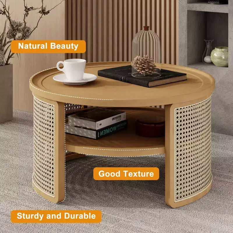 Okak 4-Pc Modular Rattan Coffee Table, Convertible Round/Square with Storage, Solid Wood & Weaving Center Table for Living Room