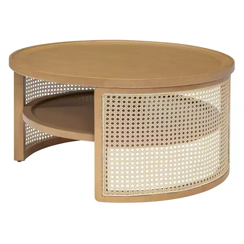 Okak 4-Pc Modular Rattan Coffee Table, Convertible Round/Square with Storage, Solid Wood & Weaving Center Table for Living Room