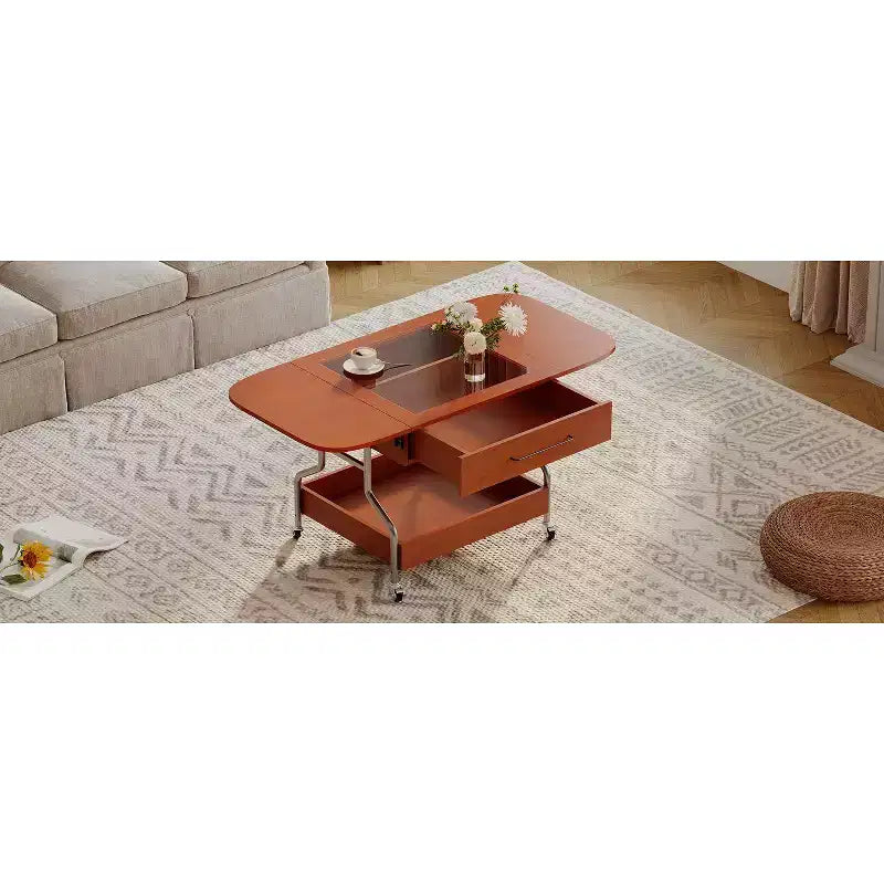 Okak 4-Pc Modular Rattan Coffee Table, Convertible Round/Square with Storage, Solid Wood & Weaving Center Table for Living Room