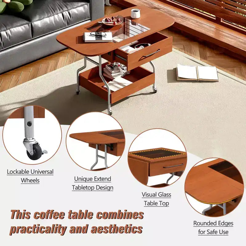 Okak 4-Pc Modular Rattan Coffee Table, Convertible Round/Square with Storage, Solid Wood & Weaving Center Table for Living Room