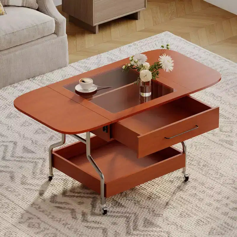 Okak 4-Pc Modular Rattan Coffee Table, Convertible Round/Square with Storage, Solid Wood & Weaving Center Table for Living Room