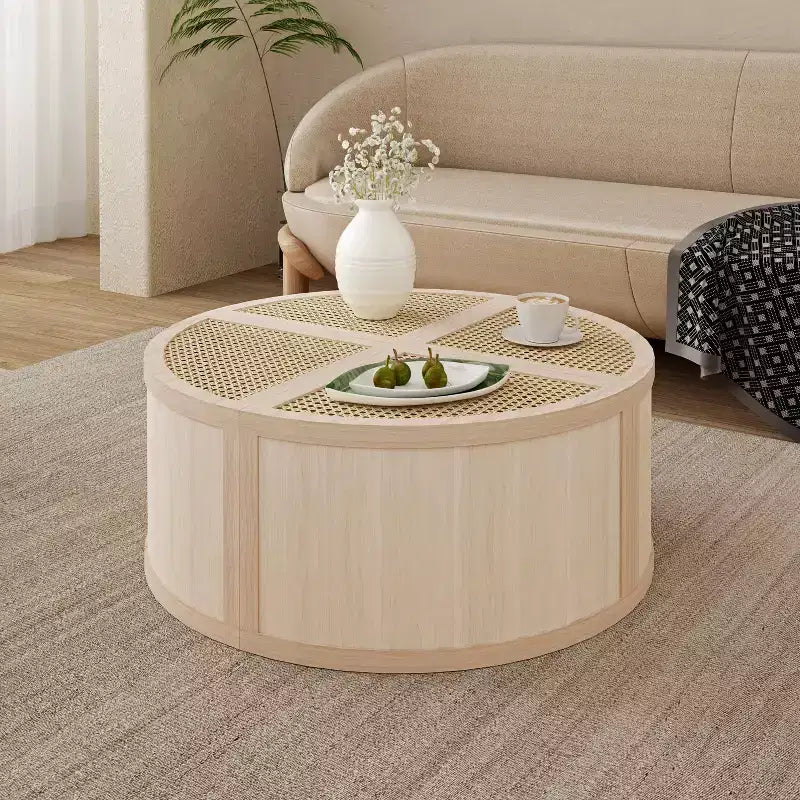 Okak 4-Pc Modular Rattan Coffee Table, Convertible Round/Square with Storage, Solid Wood & Weaving Center Table for Living Room