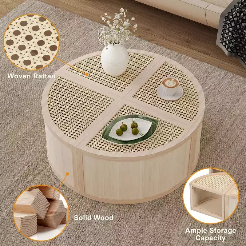 Okak 4-Pc Modular Rattan Coffee Table, Convertible Round/Square with Storage, Solid Wood & Weaving Center Table for Living Room