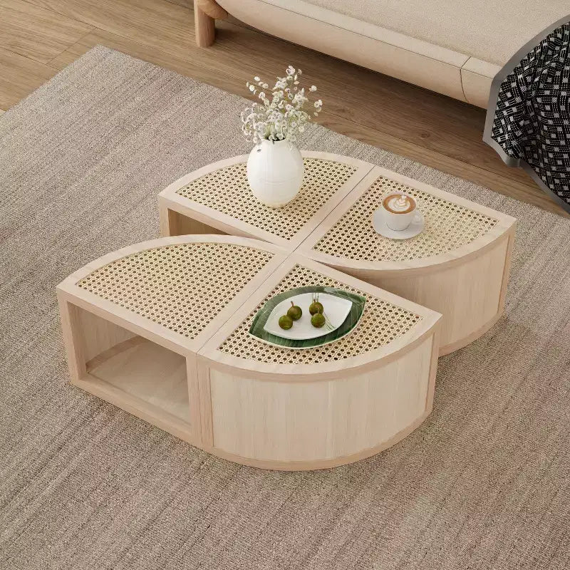 Okak 4-Pc Modular Rattan Coffee Table, Convertible Round/Square with Storage, Solid Wood & Weaving Center Table for Living Room
