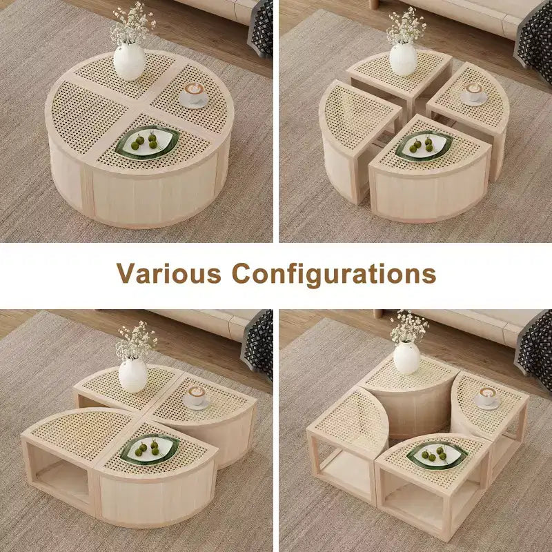 Okak 4-Pc Modular Rattan Coffee Table, Convertible Round/Square with Storage, Solid Wood & Weaving Center Table for Living Room
