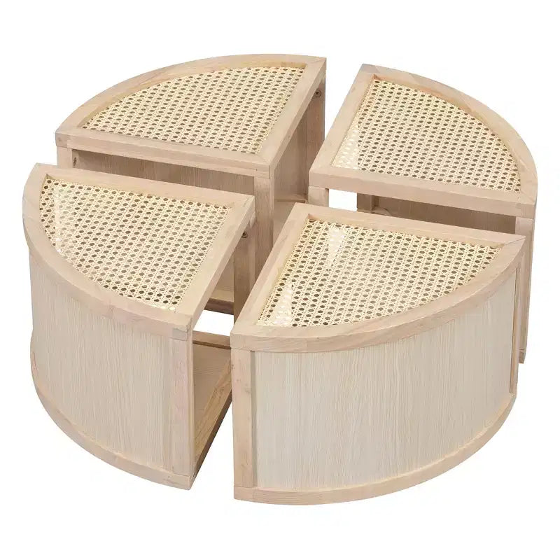 Okak 4-Pc Modular Rattan Coffee Table, Convertible Round/Square with Storage, Solid Wood & Weaving Center Table for Living Room