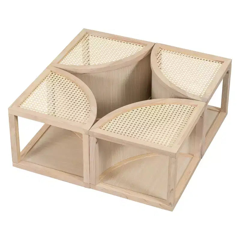 Okak 4-Pc Modular Rattan Coffee Table, Convertible Round/Square with Storage, Solid Wood & Weaving Center Table for Living Room