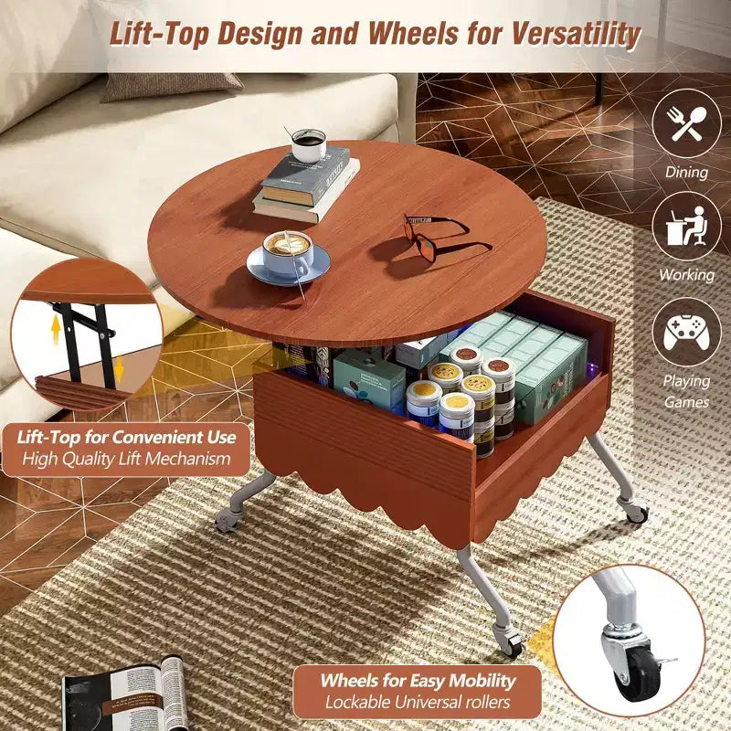 Okak 4-Pc Modular Rattan Coffee Table, Convertible Round/Square with Storage, Solid Wood & Weaving Center Table for Living Room