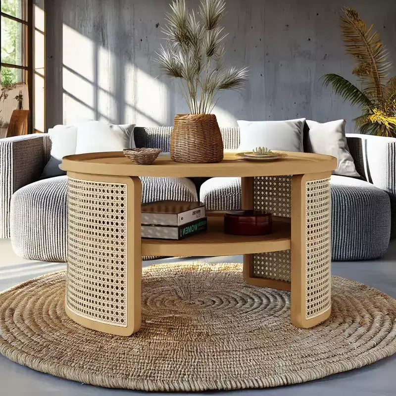 Okak 4-Pc Modular Rattan Coffee Table, Convertible Round/Square with Storage, Solid Wood & Weaving Center Table for Living Room
